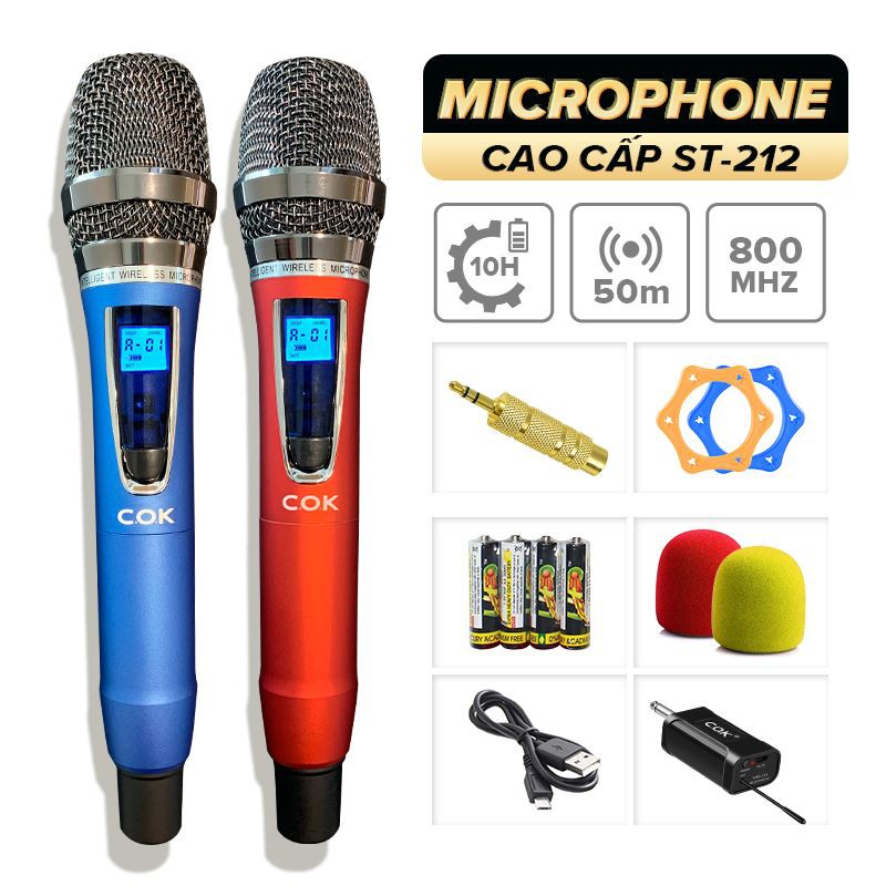 Micro không dây cao cấp C.O.K ST-212, 2 Micro tương thích 1 đầu thu, dành cho loa kéo, amply có cổng 6.5 - BH 6 tháng