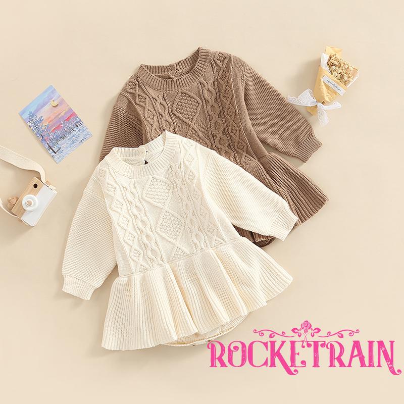 Áo Liền Quần Dệt Kim Tay Dài Cổ Tròn Màu Sắc Đơn Giản Cho Bé