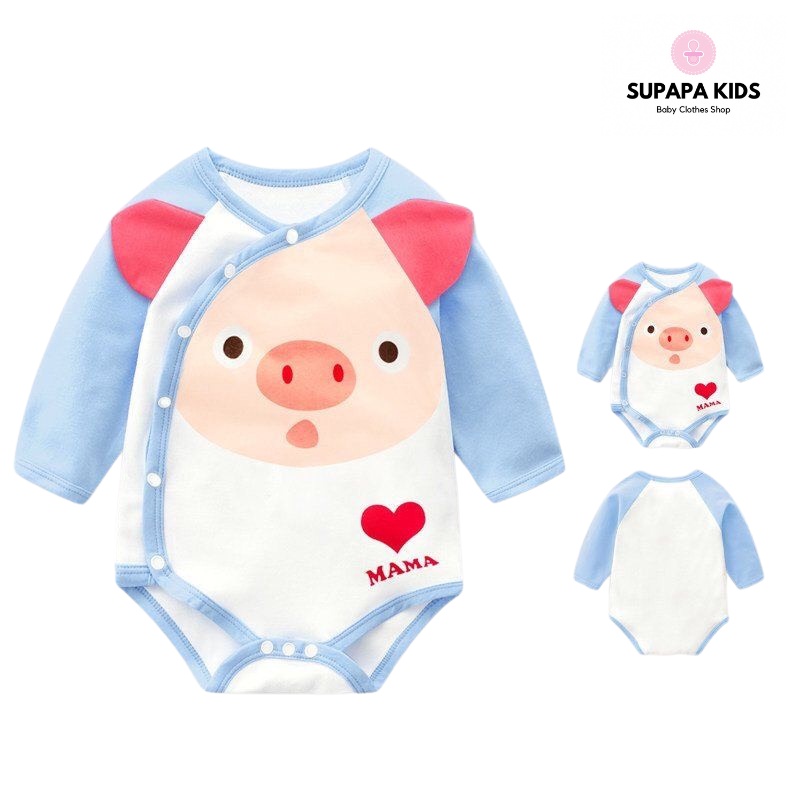 Bodysuit dài tay hình thú dễ thương, bộ liền thân hè thu cúc chéo cho bé từ 3-12kg