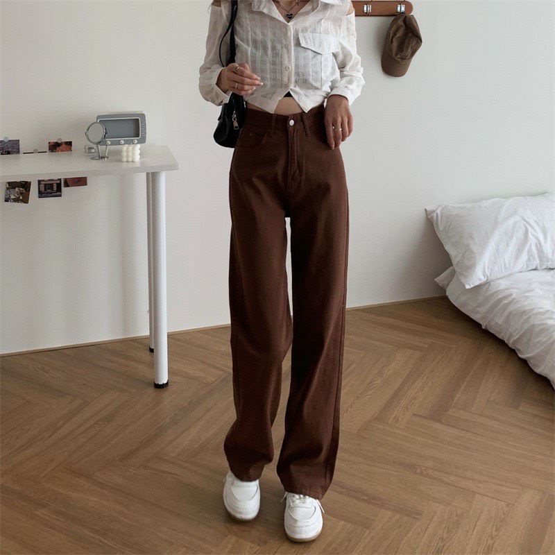 Quần jeans quần kaki ống suông nâu sữa cạp cao siêu hack chân siêu tôn dáng