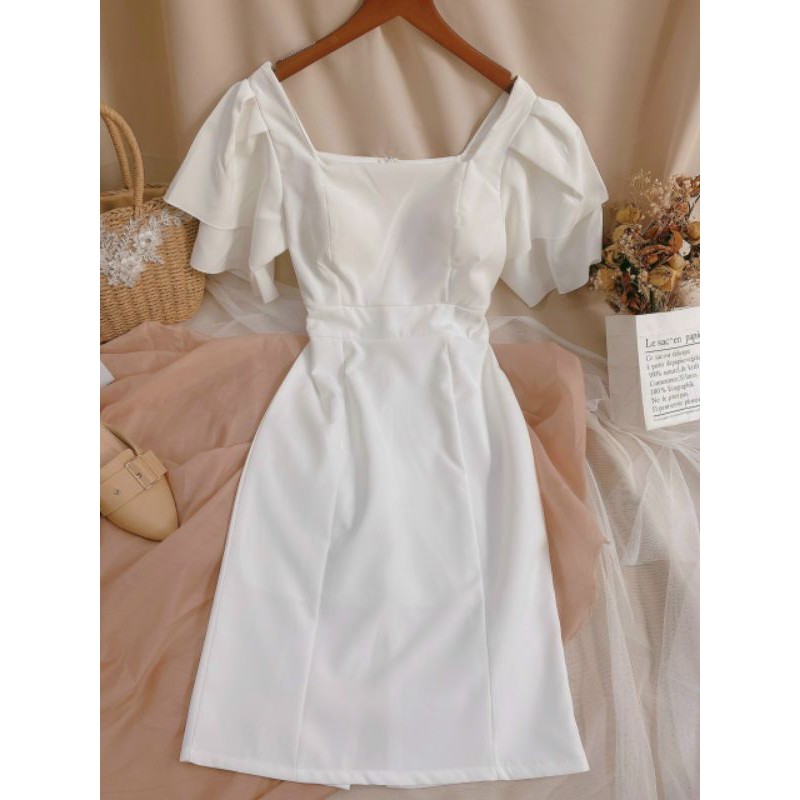 Đầm midi trắng cổ vuông tay bèo.