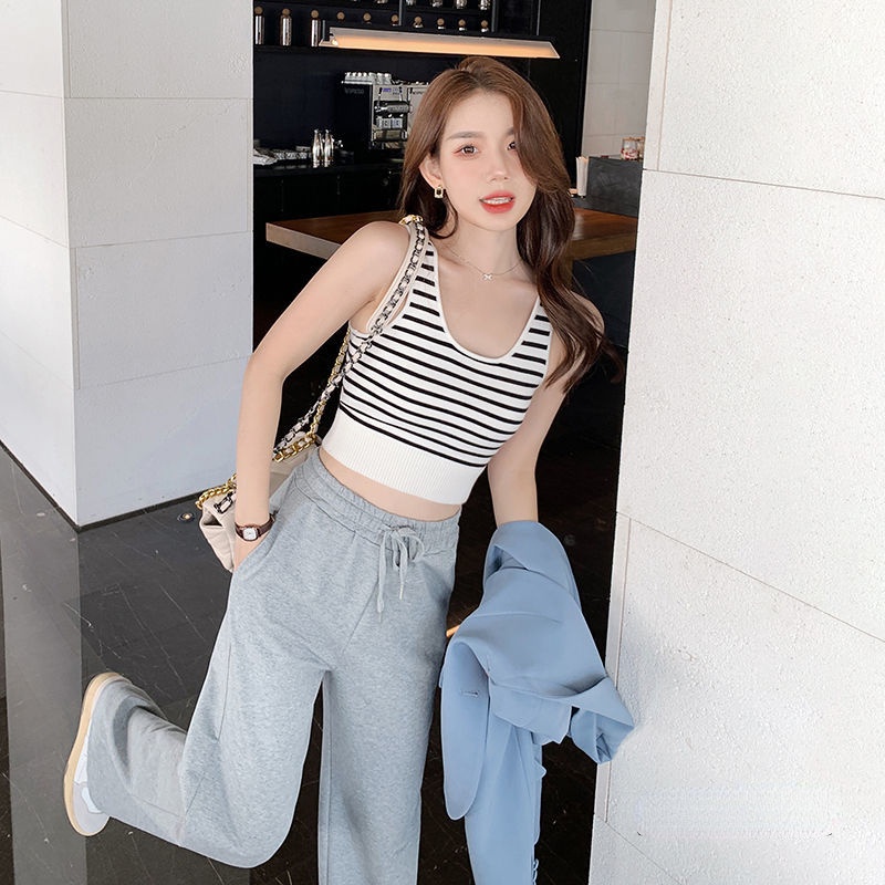 Áo Hai Dây Dệt Kim Kẻ Sọc Thời Trang Hàn Quốc Cho Nữ