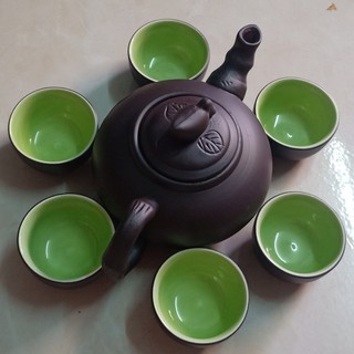 [FREE SHIP] Bộ ấm chén bát tràng cao cấp màu đen lòng xanh Ngọc(Loại 1) gồm 1ấm 6 chén