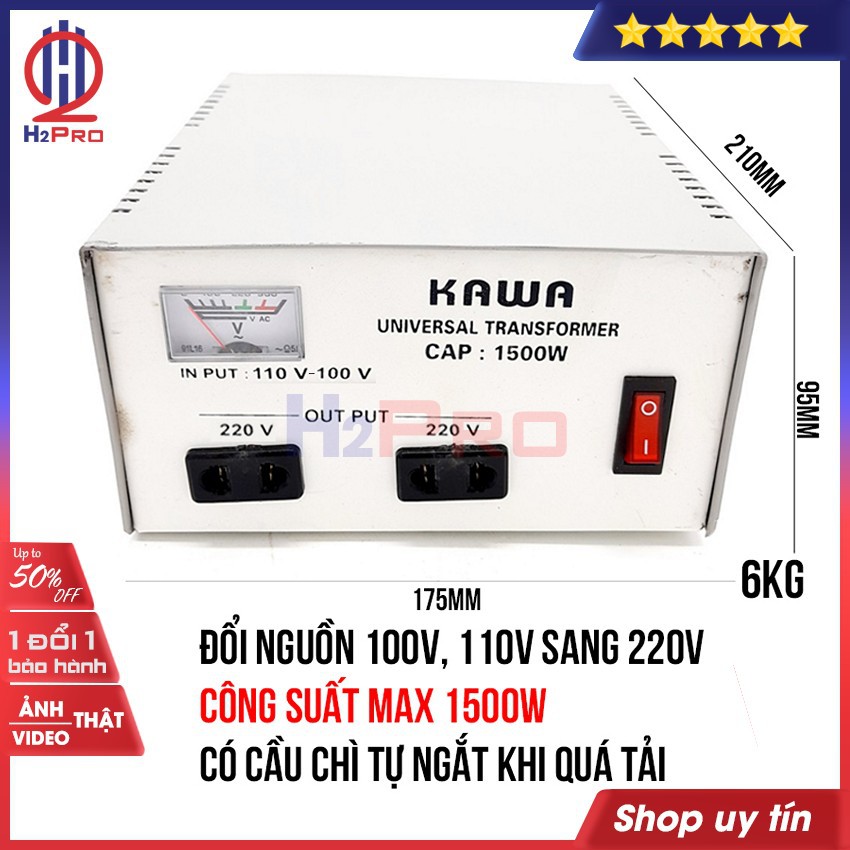 Bộ đổi nguồn 220V sang 110V-100V hoặc đổi nguồn 110V sang 220V KAWA H2Pro 1500W cao cấp, chất lượng cao-an toàn