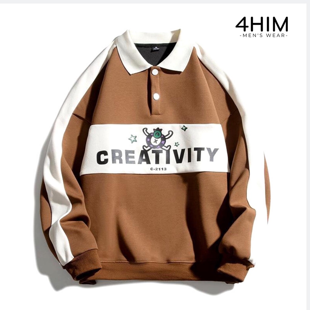 Áo sweater nỉ unisex polo chất vải nỉ bông in hình sắc nét Áo nỉ bông dài tay nam nữ form rộng tay bồng hàn quốc 4him