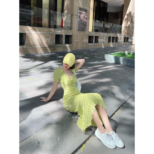 Váy xốp nhăn body dáng maxi dài