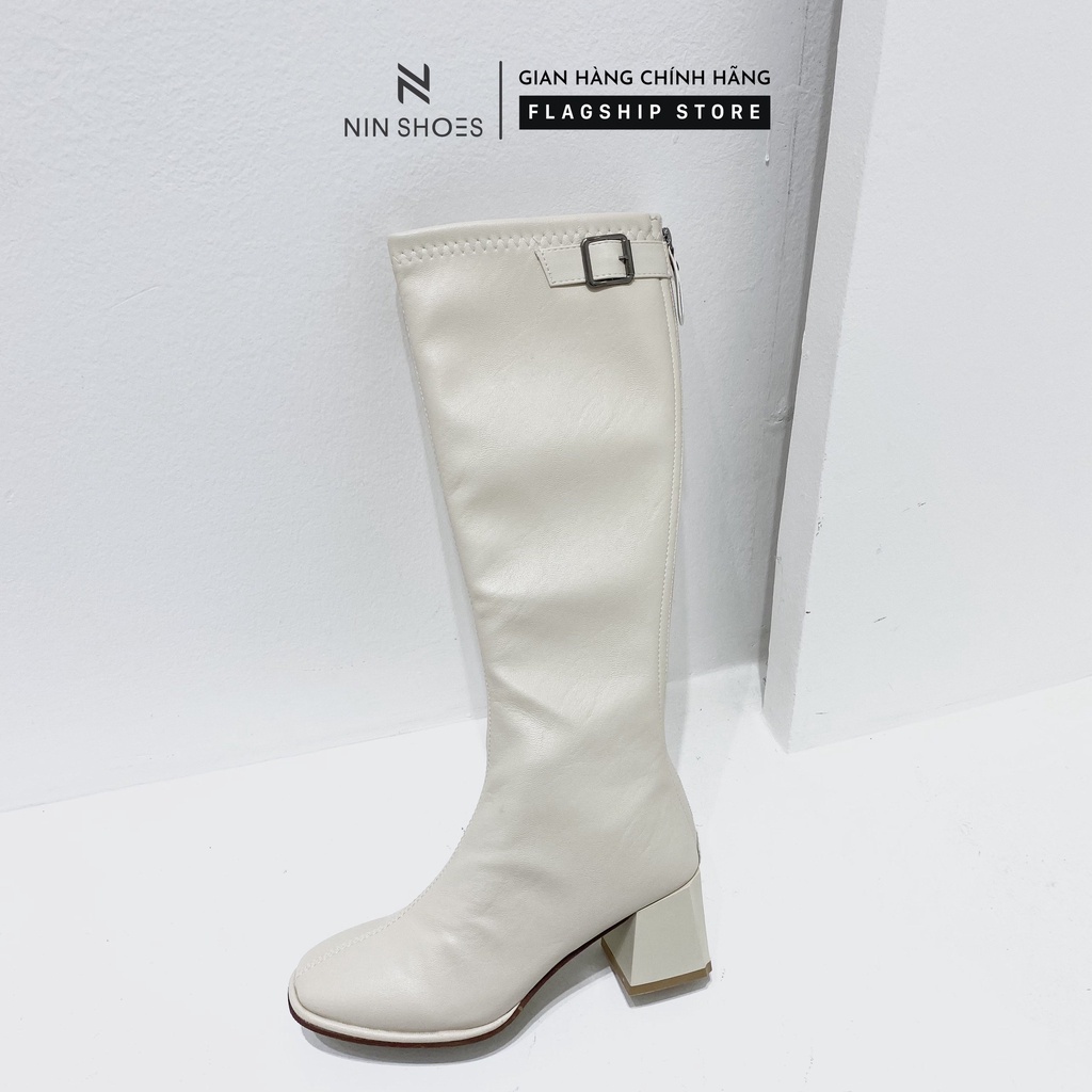 Giày boot đùi nữ 7p gót vuông khóa hông giả kéo khóa sau da si Ninshoes | BigBuy360 - bigbuy360.vn