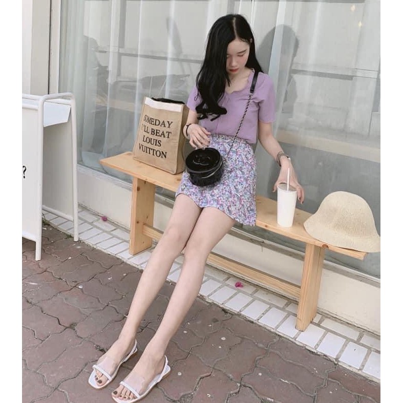 Sét Áo Nhăn Viền Mix Chân Váy Ngắn Hoa ❤️FREESHIP❤️ Set Đồ Bộ Chất Mềm Mịn - TT90075