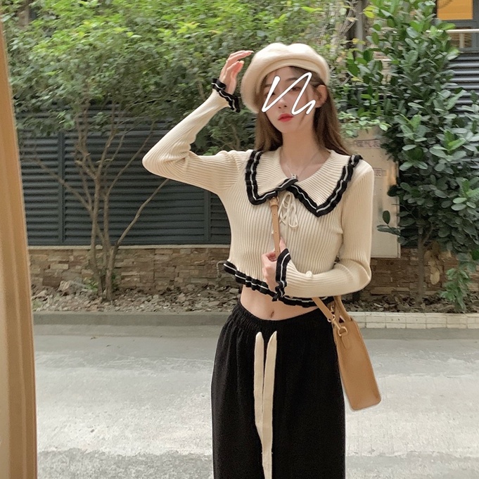 Áo dệt kim cổ búp bê dáng ôm phong cách Hàn Quốc thời trang mùa đông mới