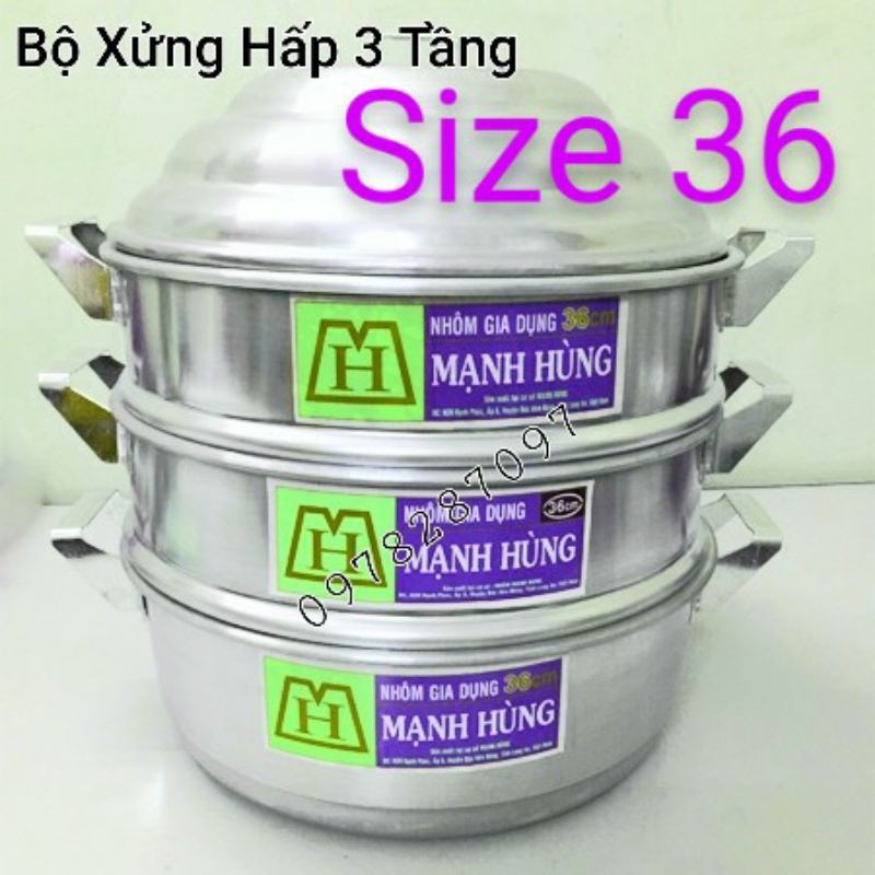 [CHÍNH HÃNG] Bộ xửng hấp 3 tầng size 36 nhôm Mạnh Hùng chuyên hấp bánh bao/hải sản/thực phẩm