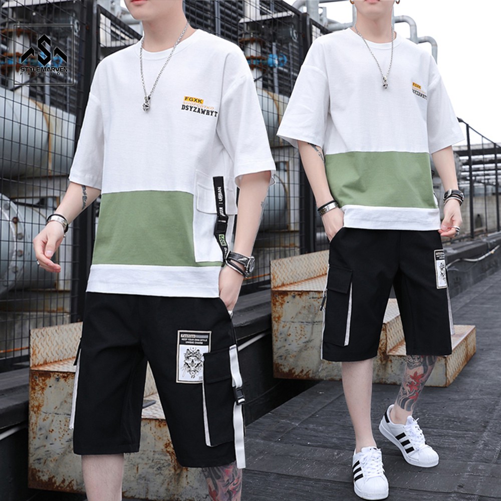 Bộ quần áo thun nam ngắn tay sọc ngang kết hợp quần shorts túi hộp cá tính STYLE MARVEN - SET NAM 90000149C