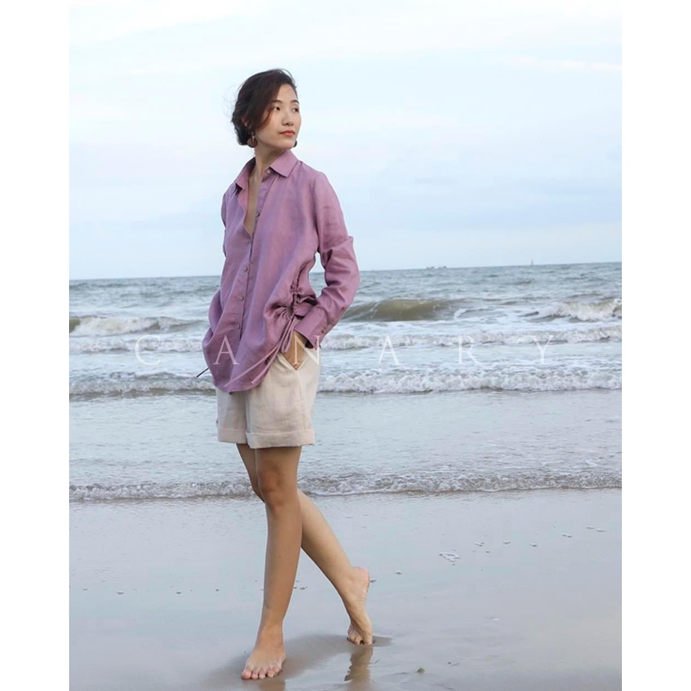 Áo sơ mi nữ Linen dài tay form rộng rút eo trẻ trung