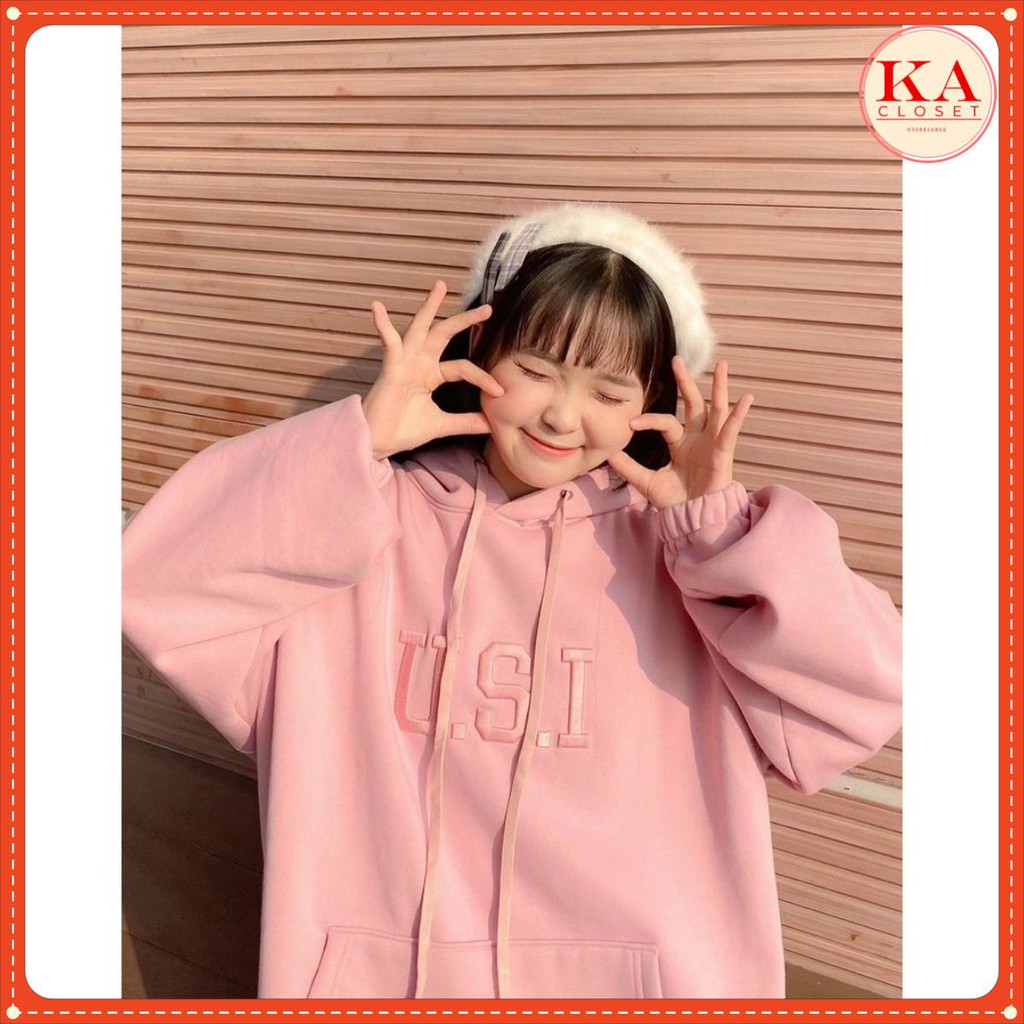 Áo hoodie thêu chữ usi KA 💖FREESHIP💖 form rộng Unisex phong cách Hàn Quốc, tay to, năng động màu Hồng