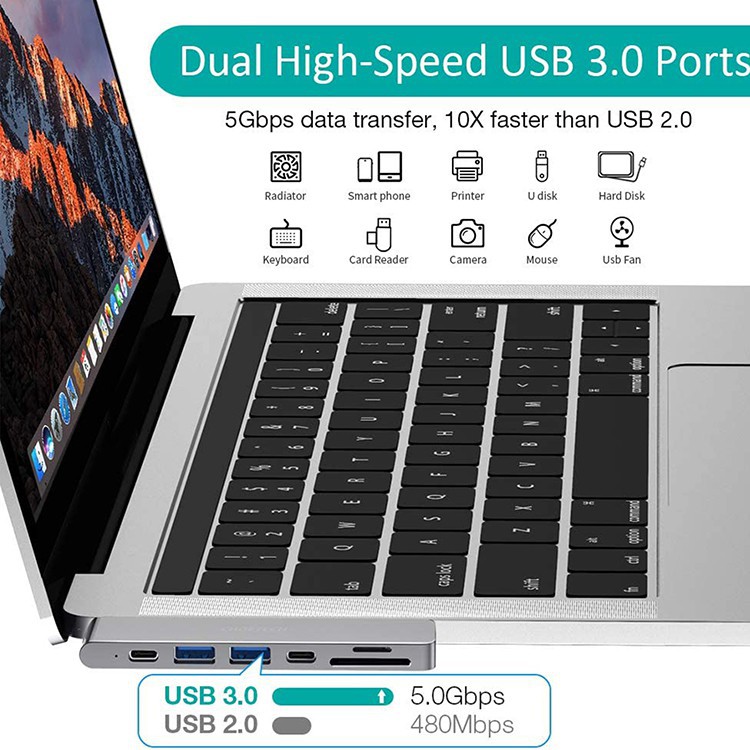 Bộ Chia Choetech 7 Trong 1 Usb C Cho Macbook Pro Macbook Với 4k Hdmi Thunderbolt 3 100w Pd 2USB 3.0