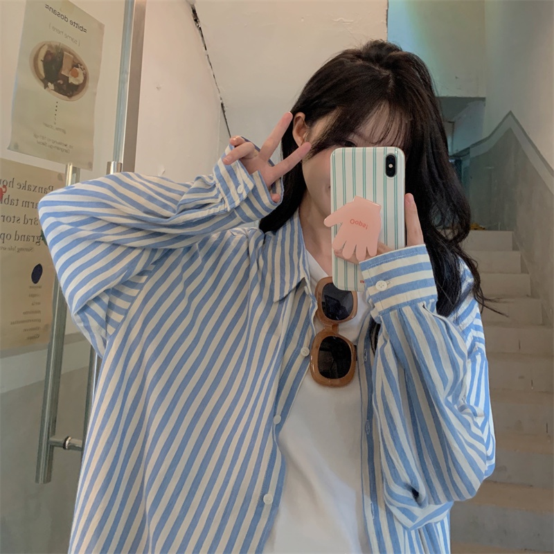 Áo Sơ Mi Chống Nắng Tay Dài Dáng Rộng Họa Tiết Kẻ Sọc Dọc Thoáng Khí Phong Cách Mới