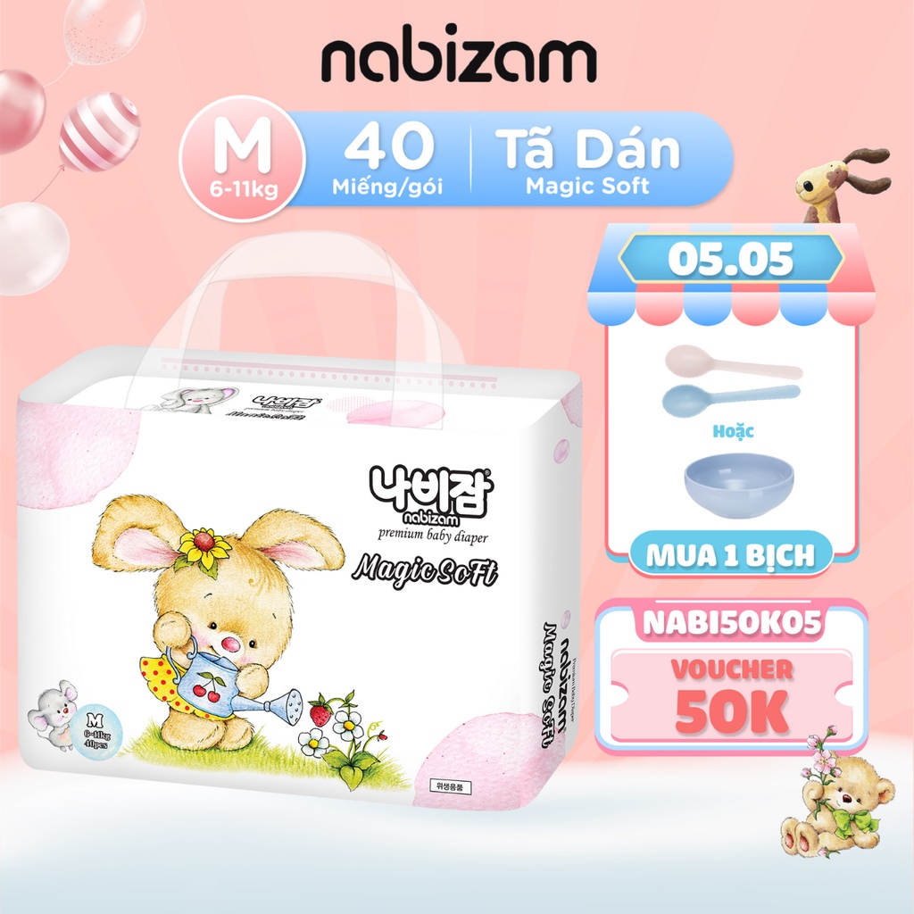 Tã/Bỉm Dán NABIZAM Magic Soft Nội Địa Hàn Cao Cấp Mềm Mại, Mỏng Và Thoáng Khí Hiệu Quả Size M Cho Bé 6-11kg, 40 Miếng