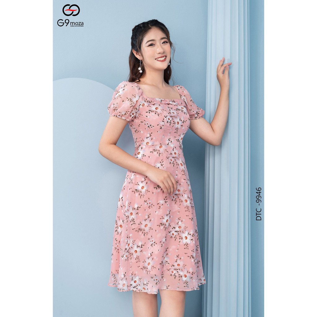 Đầm tay cộc cổ vuông 9946 G9moza chất voan hàn thoáng mát với thiết kế hoa trẻ trung hợp thời trang