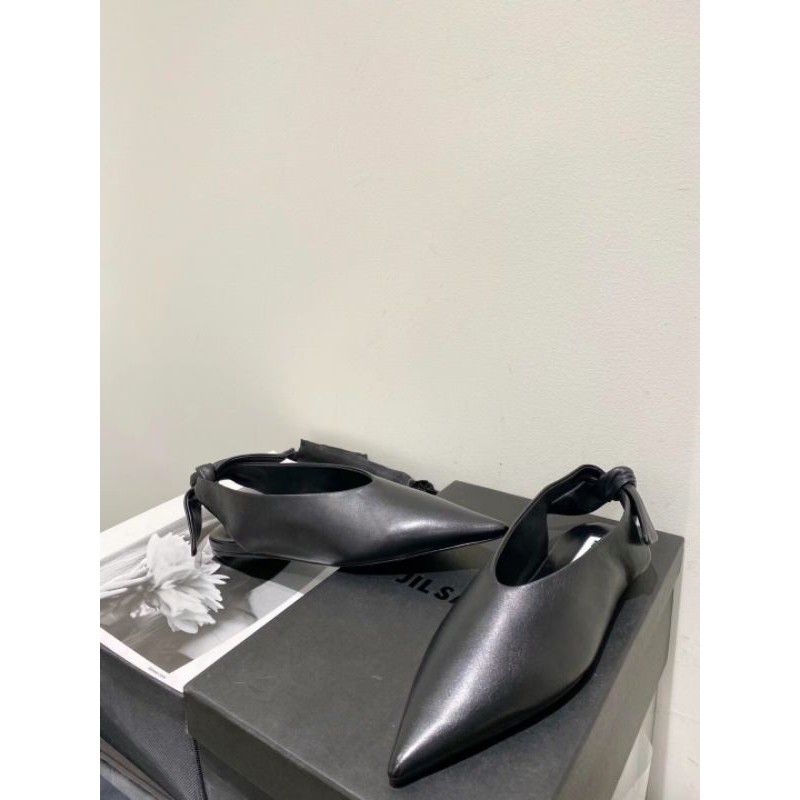 Giày búp bê nữ da thật mũi nhọn quai sau buộc nơ xinh Jil sander
