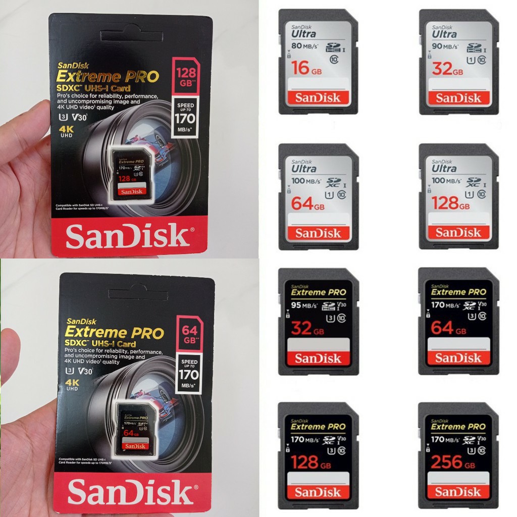 Thẻ nhớ SD Sandisk  16GB  32GB 64GB   128GB  GBExtreme Pro upto 170MB/s