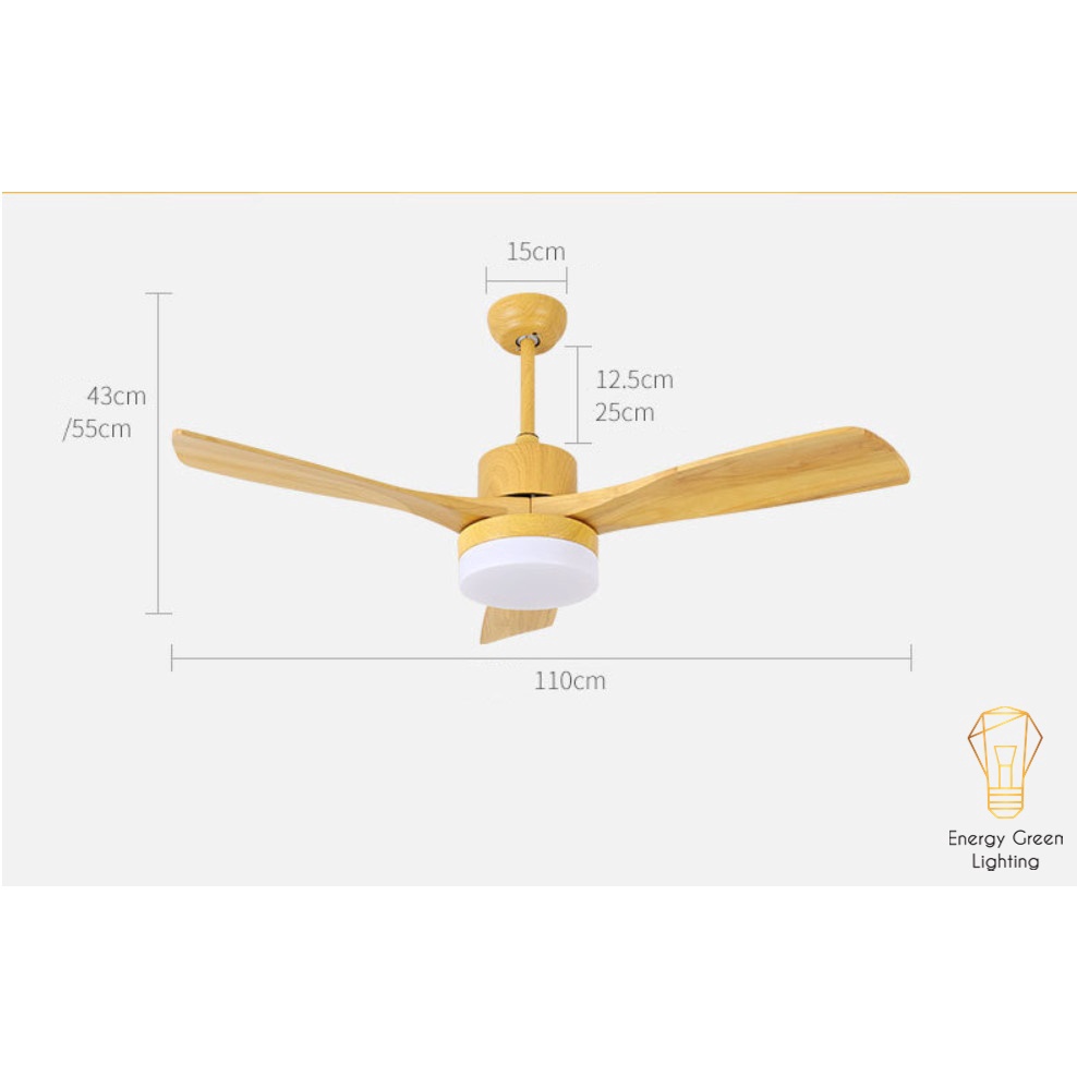 Quạt Trần Gỗ 3 Cánh Energy Green Lighting QT-11055 Phong Cách Bắc Âu Tích Hợp Đèn Chiếu Sáng - Điều Khiển Từ Xa