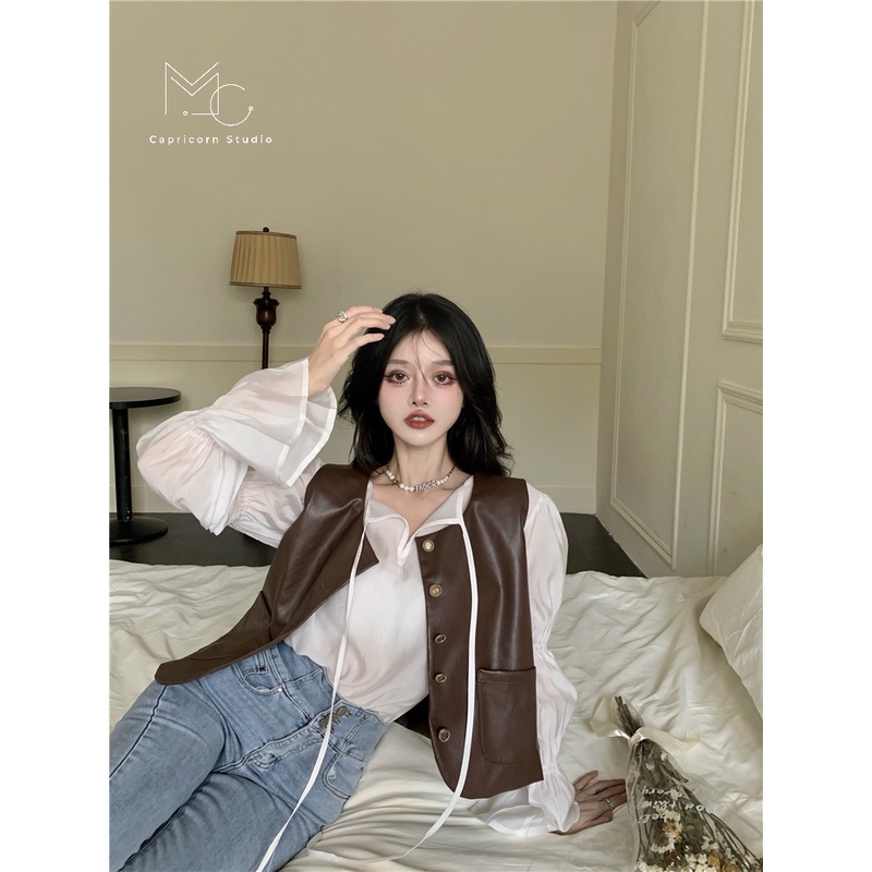 Set áo sơ mi bay và áo gile da màu nâu cá tính phong cách Ulzzang