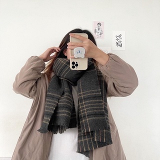 Khăn len unisex đen xám kẻ nâu cực dày siêu ấm