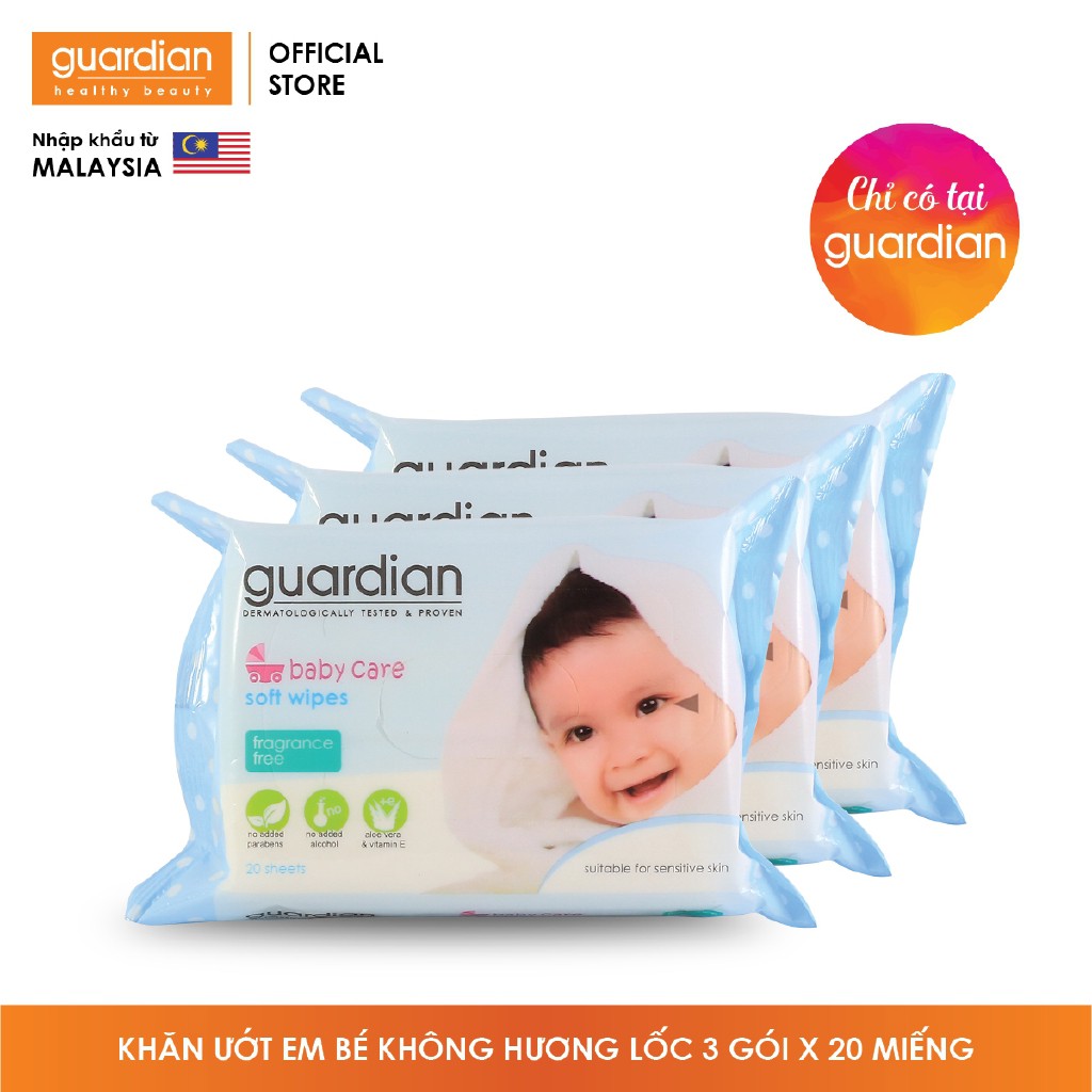 Khăn ướt em bé Guardian không hương 3 gói x 20 miếng