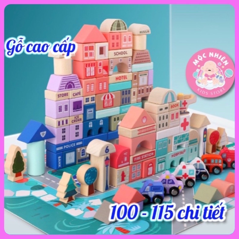 Đồ chơi xếp hình bằng gỗ Mô hình Thành phố tương lai thông minh có Bánh xe di chuyển được