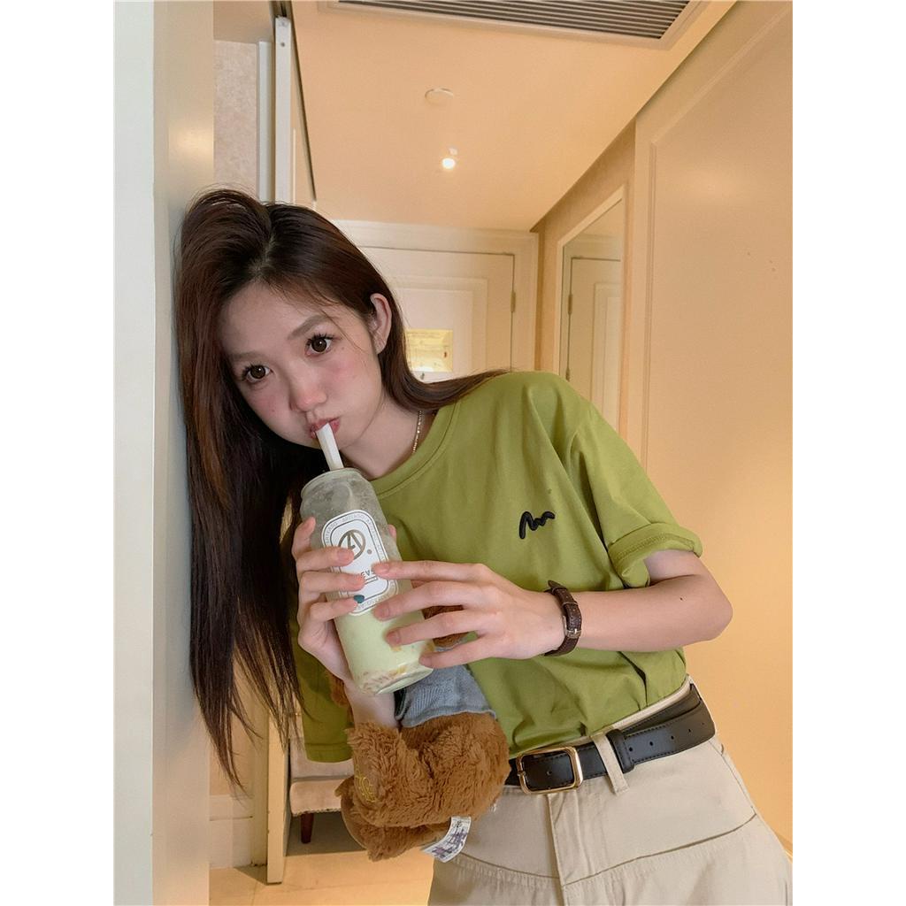 Áo Thun Cotton Trơn Ngắn Tay Dáng Rộng Thêu Họa Tiết Đơn Giản 62793