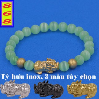 Vòng tay đá mắt mèo xanh ngọc 6 ly 2 bi Charm Tỳ Hưu inox - Hợp mệnh Mộc, mệnh Hỏa - Vòng size nhỏ