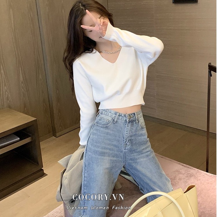 Cocory vn Áo croptop tay dài cổ chữ V dáng ôm vừa vặn phong cách hàn quốc thời trang cho nữ 3 màu tùy chọn
