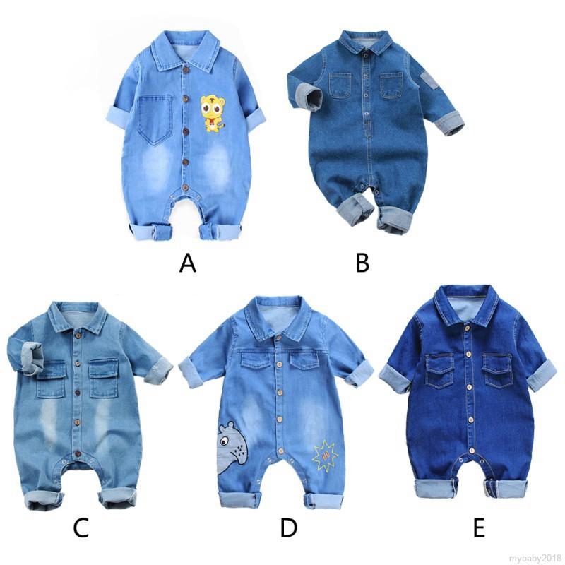 Bộ Áo Liền Quần Denim Dài Tay In Hoạt Hình Cho Bé