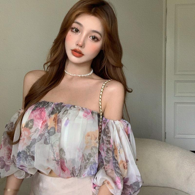 Áo Voan Hoa Trễ Vai Tay Ngắn Thời Trang Dành Cho Nữ