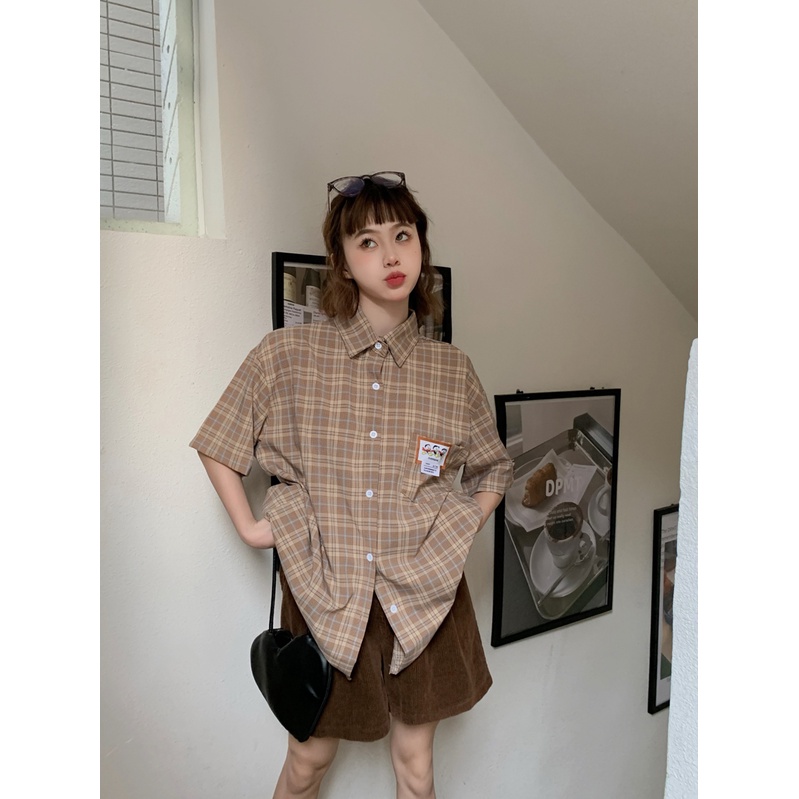 Áo sơ mi tay ngắn họa tiết kẻ sọc ca rô phong cách Hàn Quốc thời trang dành cho nữ