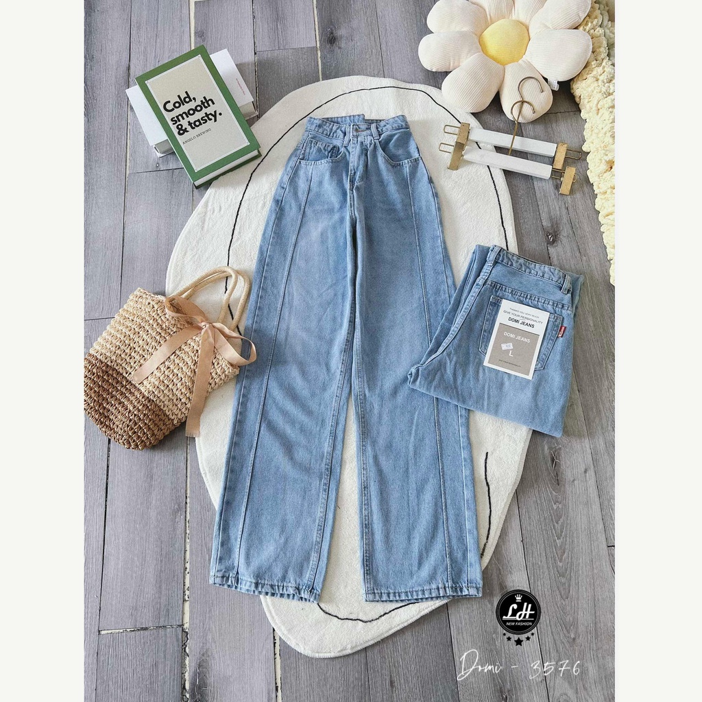 Quần jean trắng, quần bò ống suông nữ màu trắng trơn ulzzang trích ly lưng siêu cao siêu dễ thương Lê Huy Fashion 3575