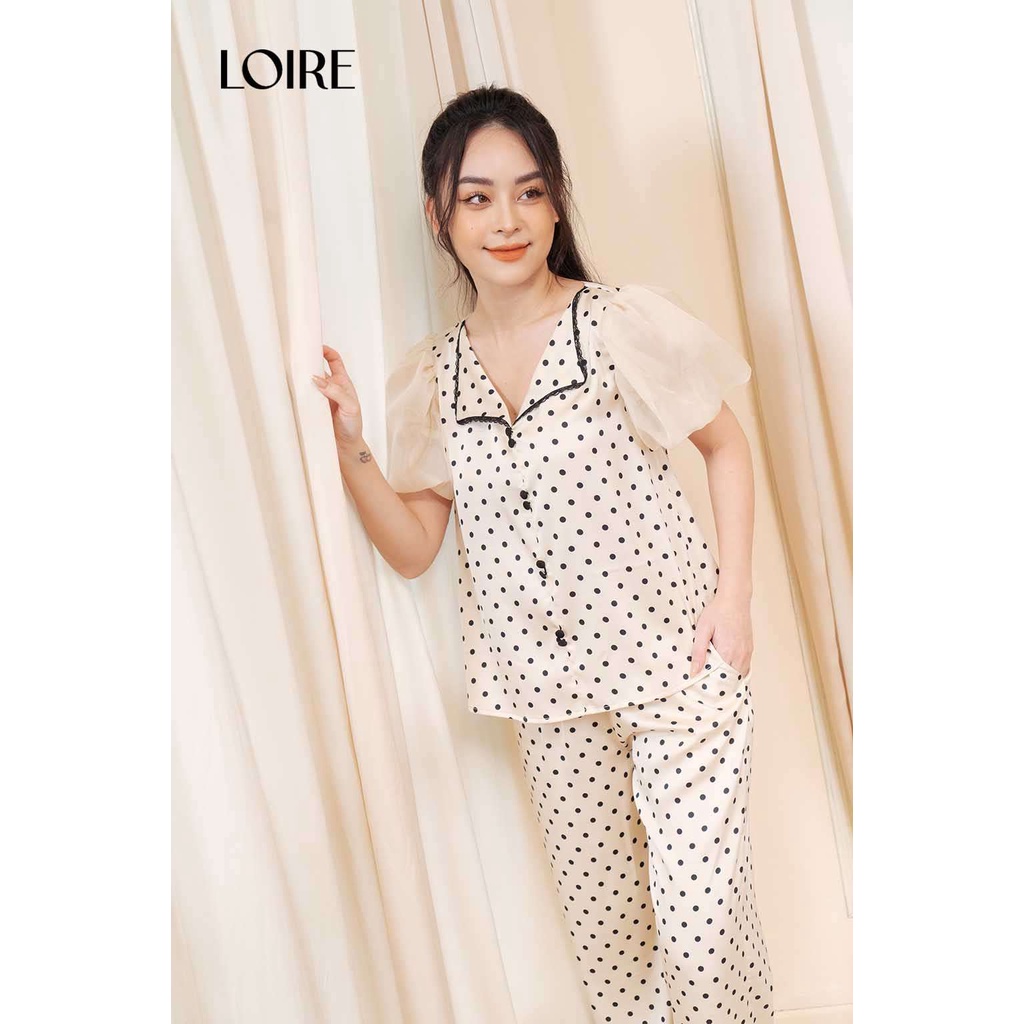 Bộ Đồ Ngủ Lụa Chấm Bi Tay Voan Bồng Bềnh Loirechic LPN09