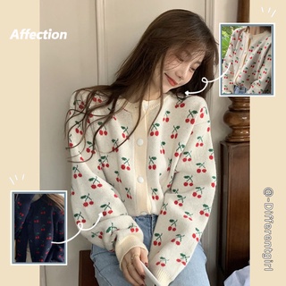 Áo khoác cardigan dệt kim dáng rộng dài tay in hình quả anh đào cho nữ