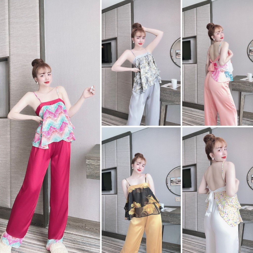 Bộ quần dài áo dây cột nơ sau bộ ngủ sexy đồ bộ mặc nhà