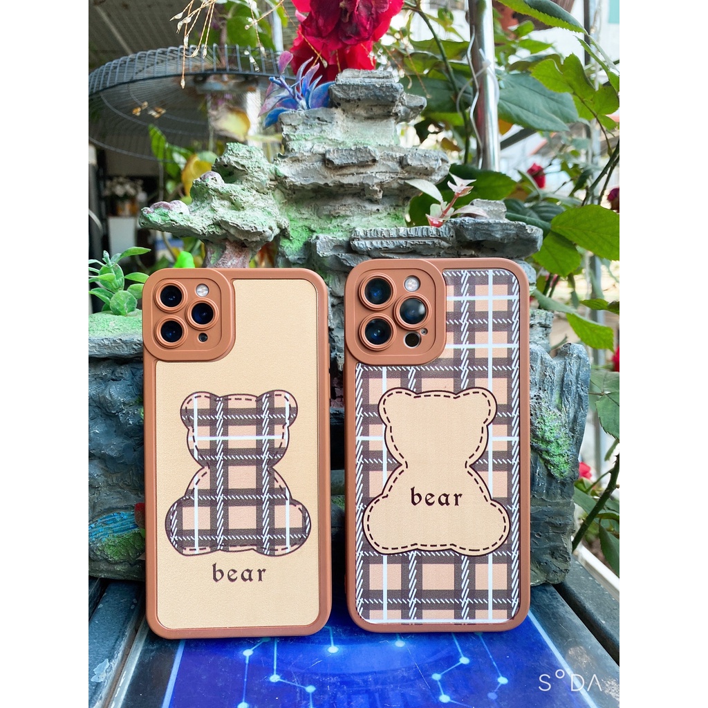 Ốp Lưng Iphone Cạnh Vuông Bear Caro Lưng Bóng 6splus/7/7plus/8/8plus/x/xr/xs/11/12/13/pro/max/plus/promax