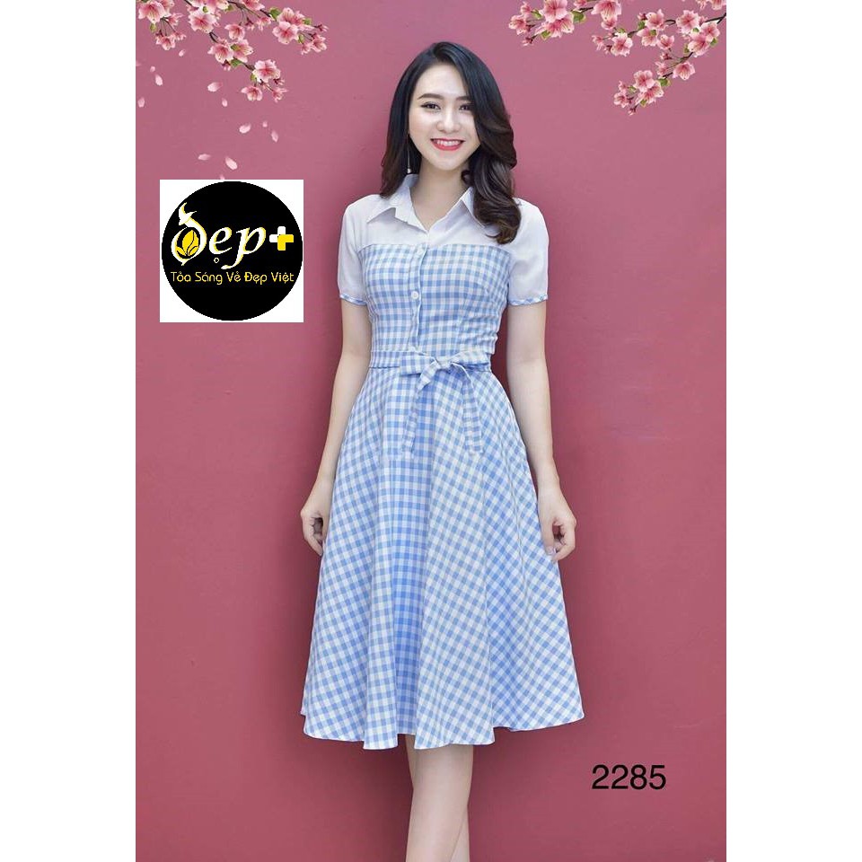 ĐẦM SƠ MI CÔNG SỞ KẺ CA RÔ DÁNG XÒE THẮT NƠ EO