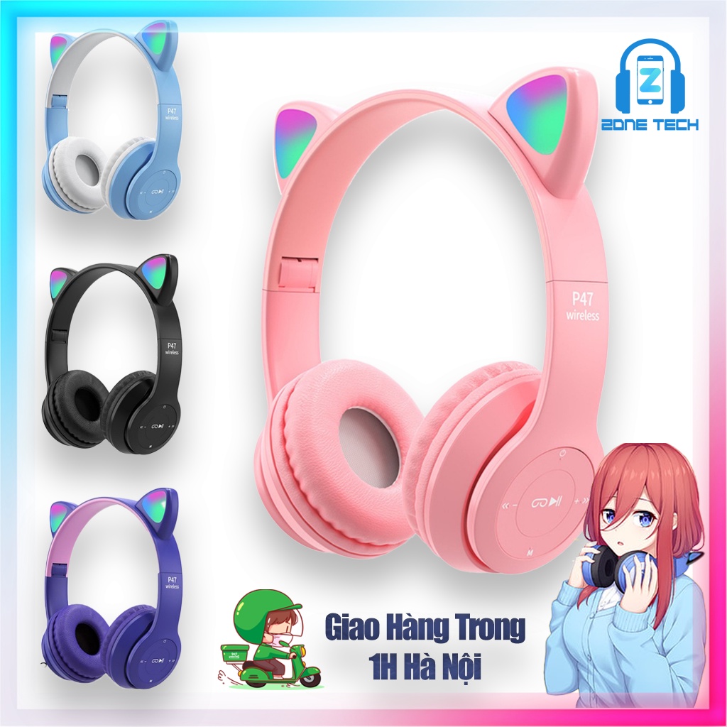 Tai Nghe Mèo Bluetooth Headphone dễ thương chống ồn có đèn led siêu cute - BH 12 Tháng
