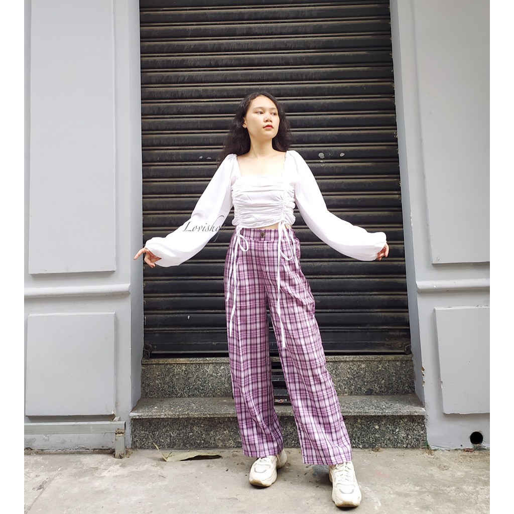 Quần caro dài lưng thun sau nút giả 2 túi Lovi