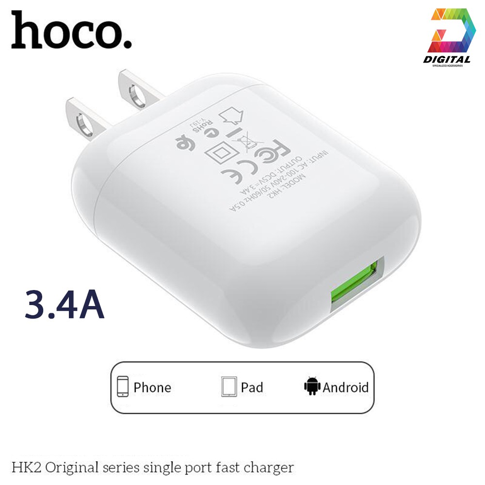 Cốc sạc Hoco HK2 chính hãng hỗ trợ dòng 3.4A chân sạc dẹt tiêu chuẩn Việt Nam