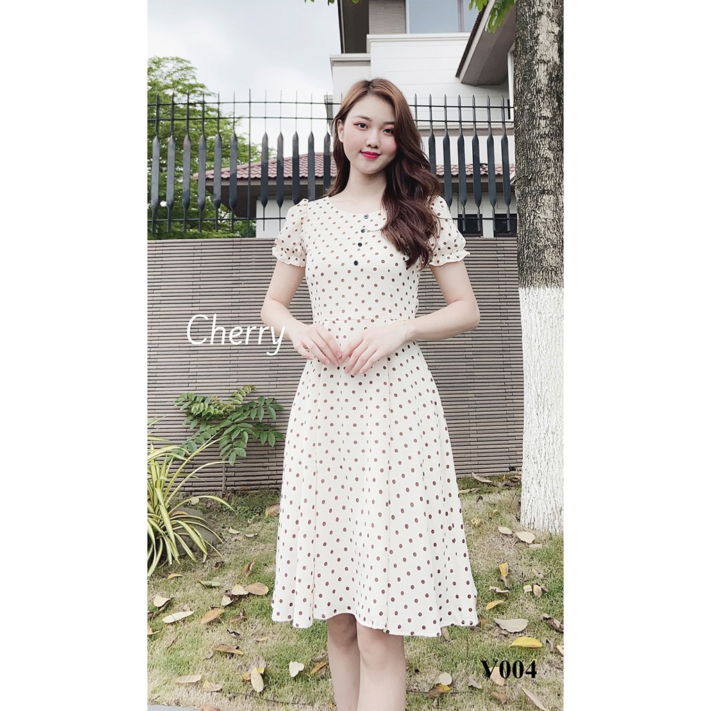 Đầm công sở chấm bi dáng đầm xòe có hai dây thắt eo tôn dáng, váy công sở ôm eo tôn body siêu đẹp - Cherry V004