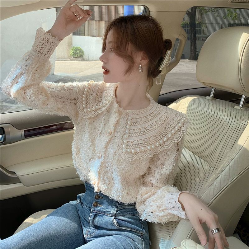 Áo sơ mi ren nữ búp bê cổ áo thiết kế , áo sơ mi dài tay mỏng mùa xuân 2021 - Có ảnh thật