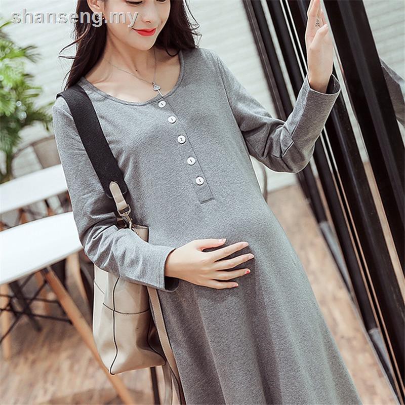 Đầm Maxi Cotton Tay Dài Màu Trơn Size M-2Xl Cho Phụ Nữ Mang Thai Màu Sắc