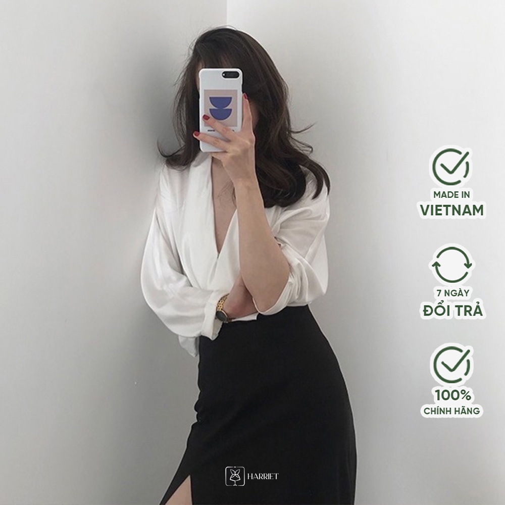 Áo sơ mi freesize dáng rộng công sở Ann cài cúc gập cổ Harriet
