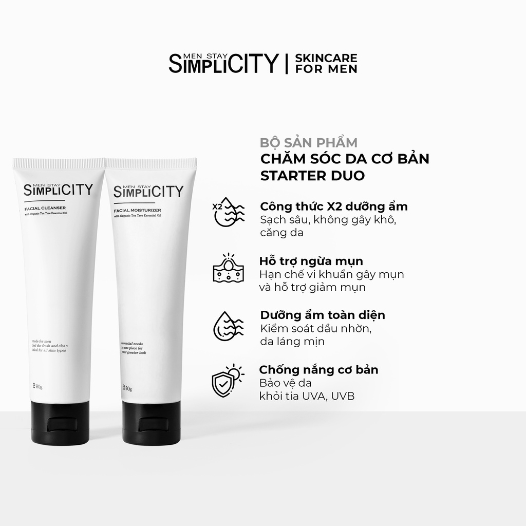 Bộ sản phẩm chăm sóc da hằng ngày cho nam Men Stay Simplicity Starter Duo: Sữa rửa mặt 80g x Kem dưỡng ẩm đa năng 80g