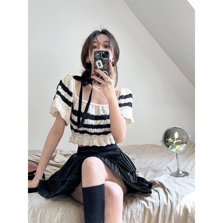 Porozi  Áo sơ mi croptop dệt kim  ngắn tay cổ vuông họa tiết kẻ sọc thời trang Hàn Quốc cho nữ
