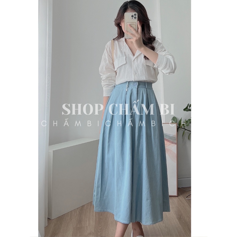 Chân váy jean dáng dài CV.018, Chân váy chun sau cạp khoá cài cúc xếp ly dáng xoè dài cách điệu - Thời trang nữ Chấm Bi